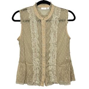 Vintage Y2K Lace Button Front Tan Sleeveless Babydoll Peplum Shirt Large Cottage